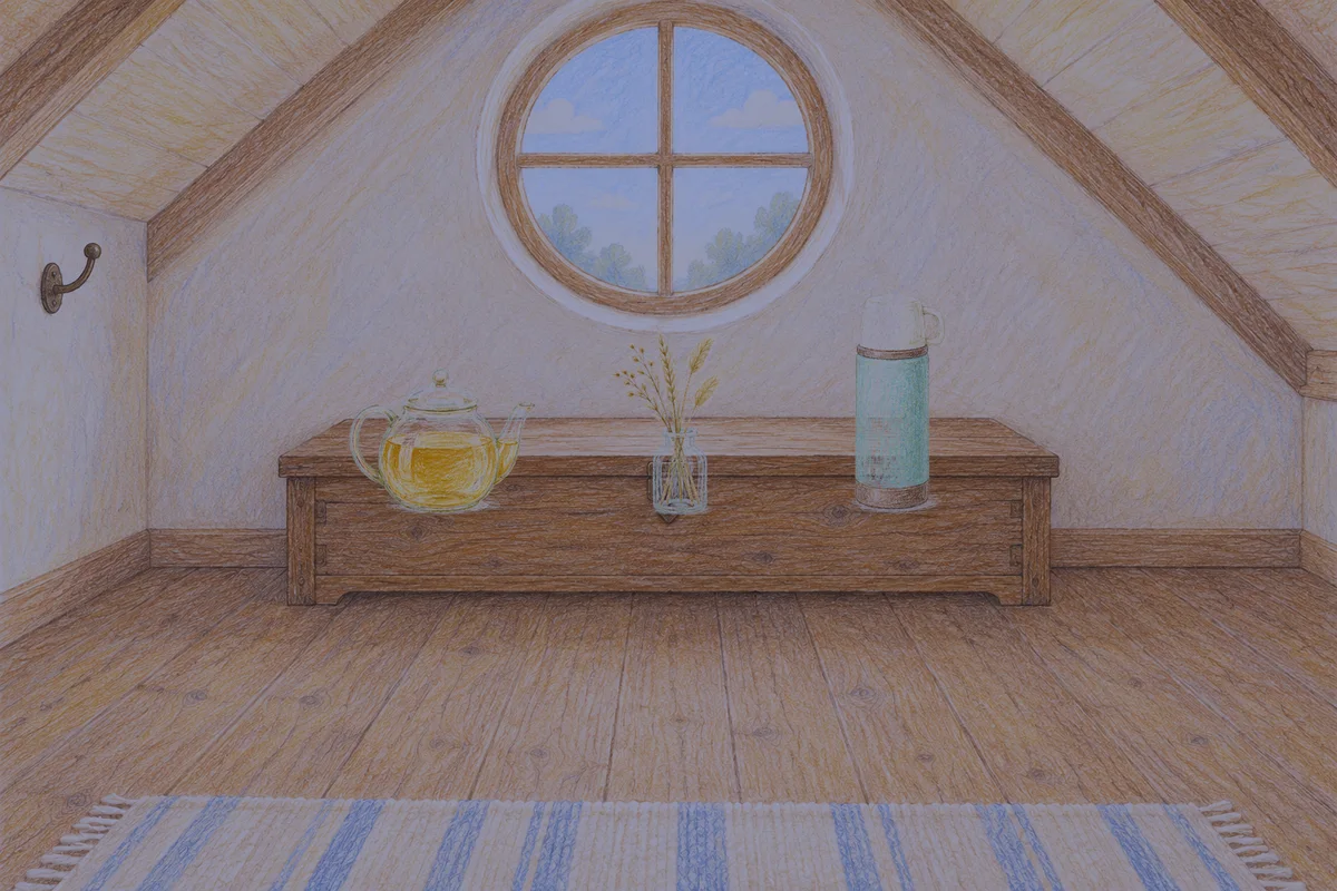김포 여성전용 아로마테라피 안내 그림, 밤의 다락방 나무 궤짝 위에 놓인 유리 티포트, 마른 풀을 꽂은 항아리, 보온병