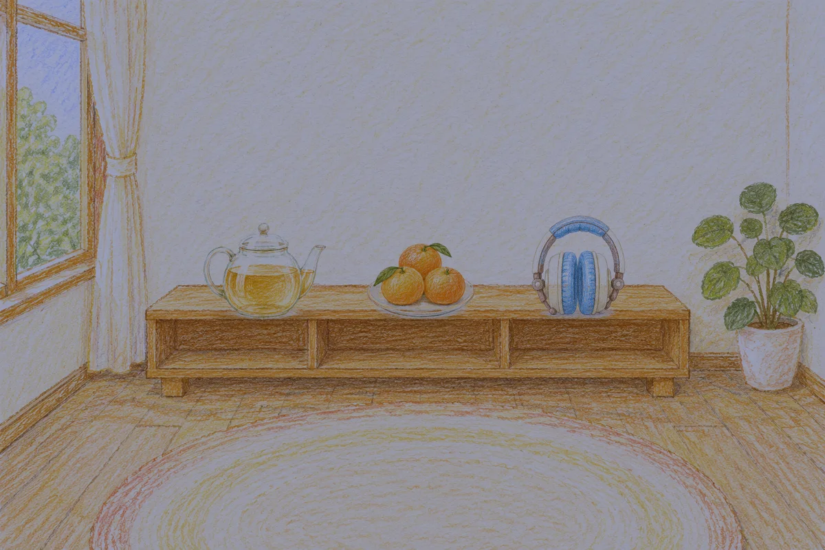 김포 여성전용 스웨디시 홈케어 안내 그림, 밤의 창가 낮은 선반 위에 놓인 유리 티포트, 귤이 담긴 접시, 헤드폰