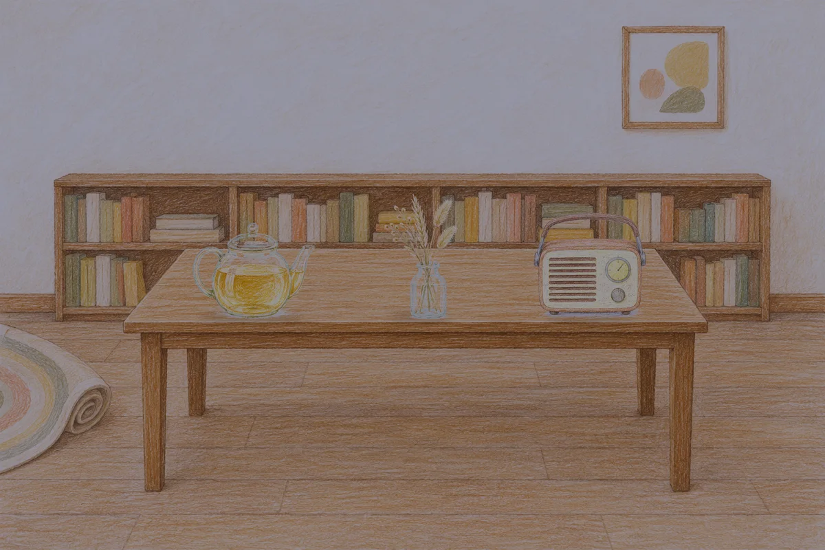 김포 여성전용 프리미엄 스웨디시 안내 그림, 밤의 서재 긴 책상 위에 놓인 유리 티포트, 마른 풀을 꽂은 항아리, 작은 라디오