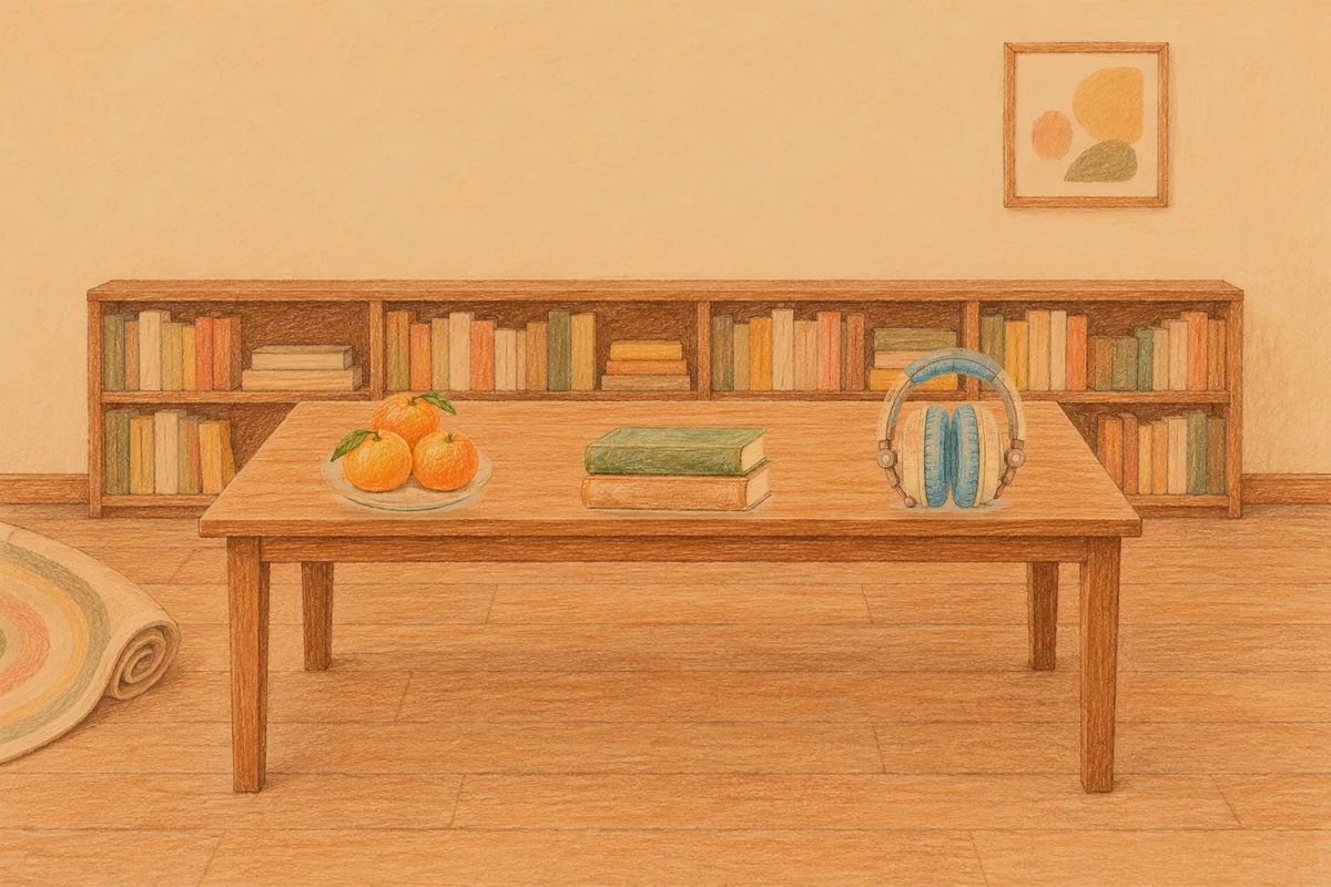 김포 여성전용 라벤더 아로마 안내 그림, 저녁의 서재 긴 책상 위에 놓인 귤이 담긴 접시, 책 두 권, 헤드폰