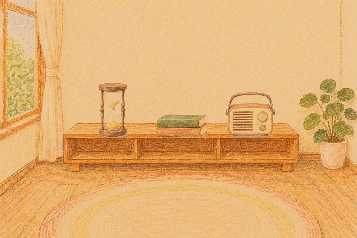 김포 여성전용 스웨디시 후기 안내 그림, 저녁의 창가 낮은 선반 위에 놓인 모래시계, 책 두 권, 작은 라디오
