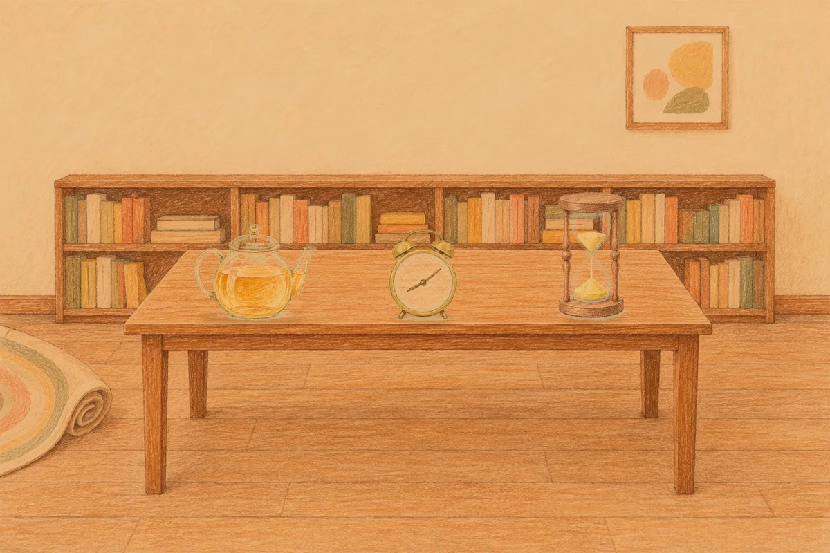 김포 여성전용 경락 케어 안내 그림, 저녁의 서재 긴 책상 위에 놓인 유리 티포트, 둥근 알람시계, 모래시계