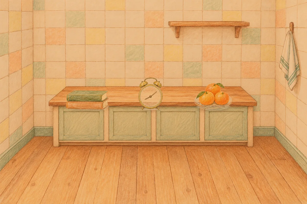 김포 여성전용 얼굴 경락 안내 그림, 저녁의 부엌 나무 조리대 위에 놓인 책 두 권, 둥근 알람시계, 귤이 담긴 접시