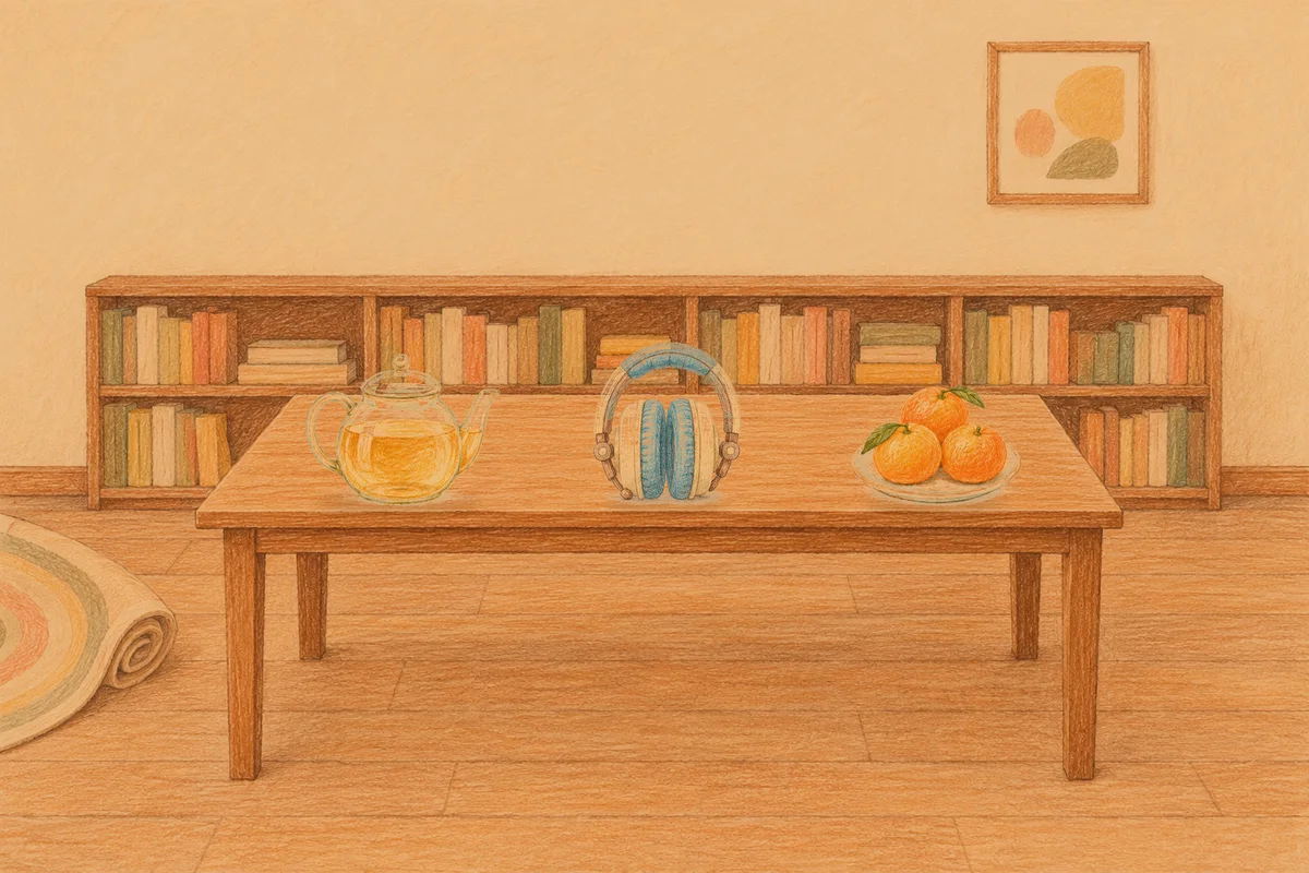 김포 여성전용 경락마사지 후기 안내 그림, 저녁의 서재 긴 책상 위에 놓인 유리 티포트, 헤드폰, 귤이 담긴 접시