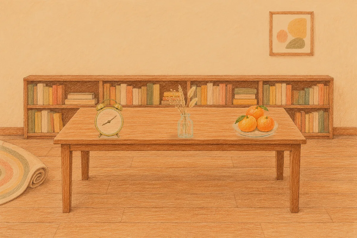 김포 여성전용 경락 가격 안내 그림, 저녁의 서재 긴 책상 위에 놓인 둥근 알람시계, 마른 풀을 꽂은 항아리, 귤이 담긴 접시