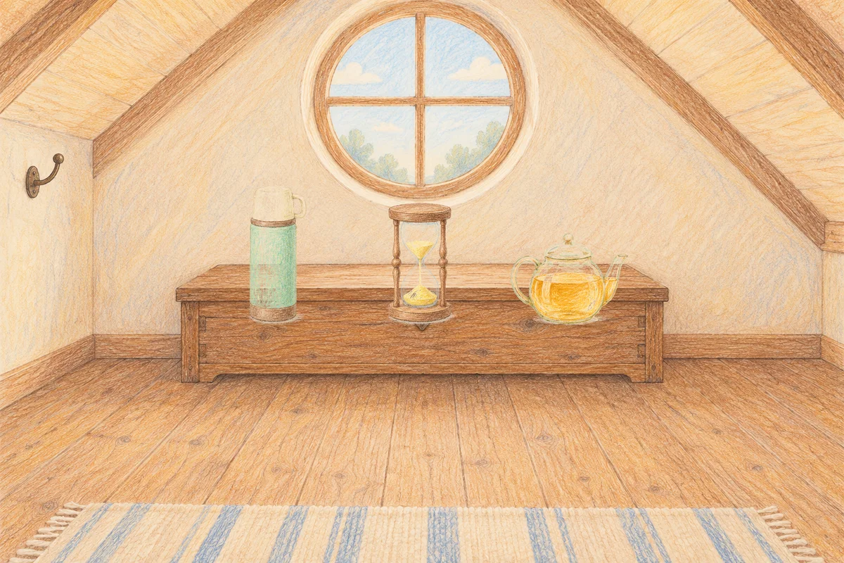 김포 여성전용 경락 추천 안내 그림, 낮의 다락방 나무 궤짝 위에 놓인 보온병, 모래시계, 유리 티포트