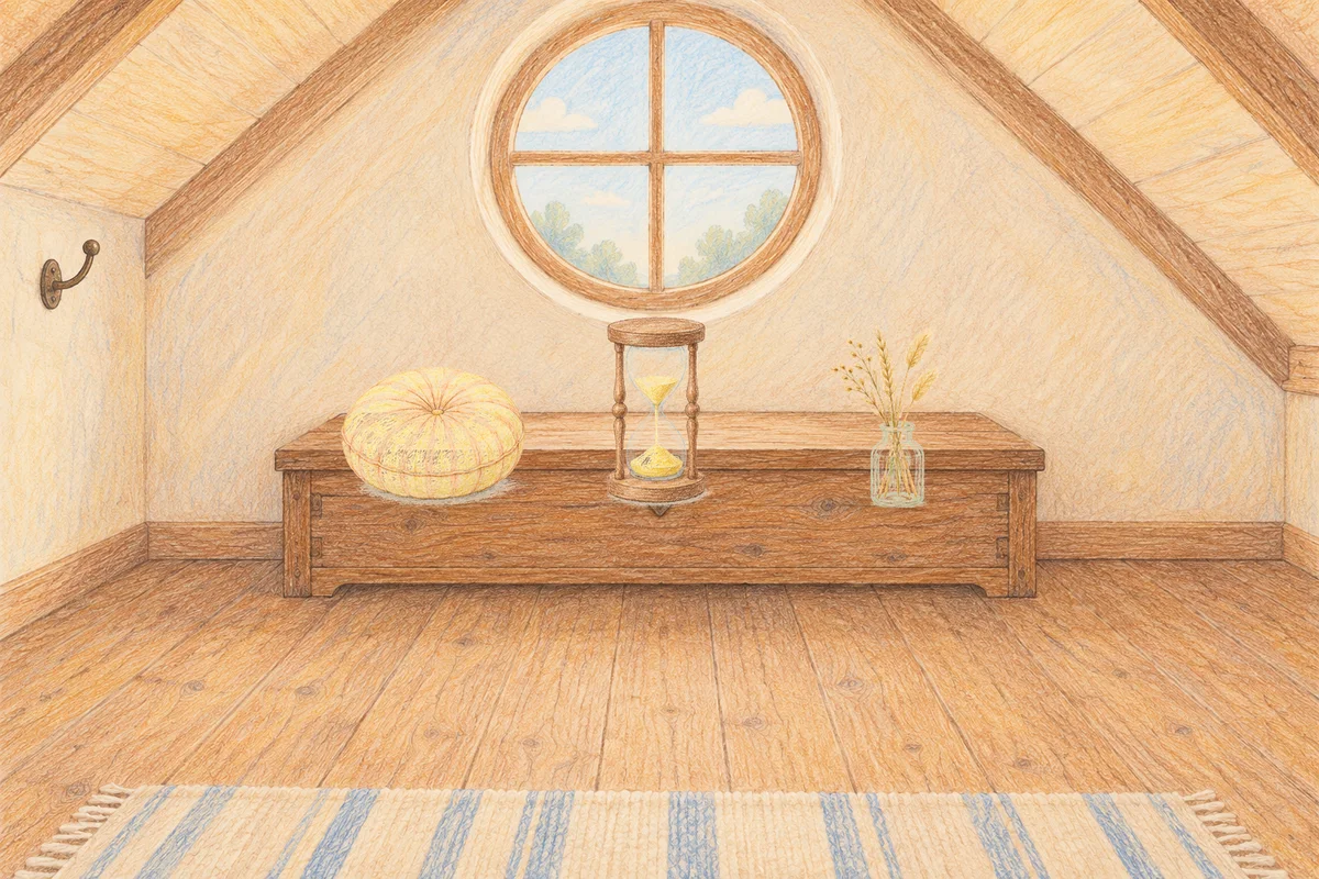 김포 여성전용 방문 마사지 안내 그림, 낮의 다락방 나무 궤짝 위에 놓인 둥근 쿠션, 모래시계, 마른 풀을 꽂은 항아리