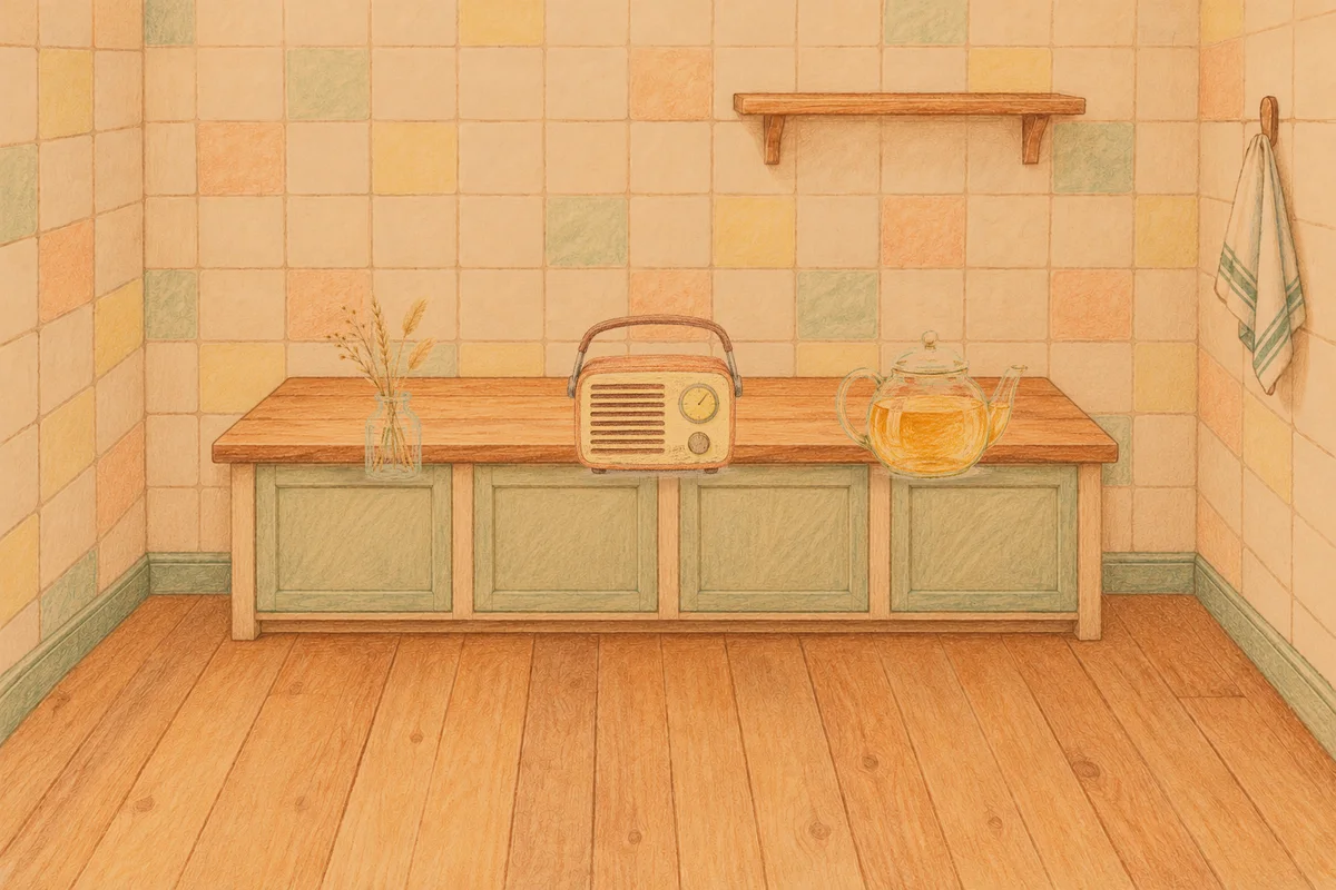 김포 여성전용 홈케어 서비스 안내 그림, 저녁의 부엌 나무 조리대 위에 놓인 마른 풀을 꽂은 항아리, 작은 라디오, 유리 티포트