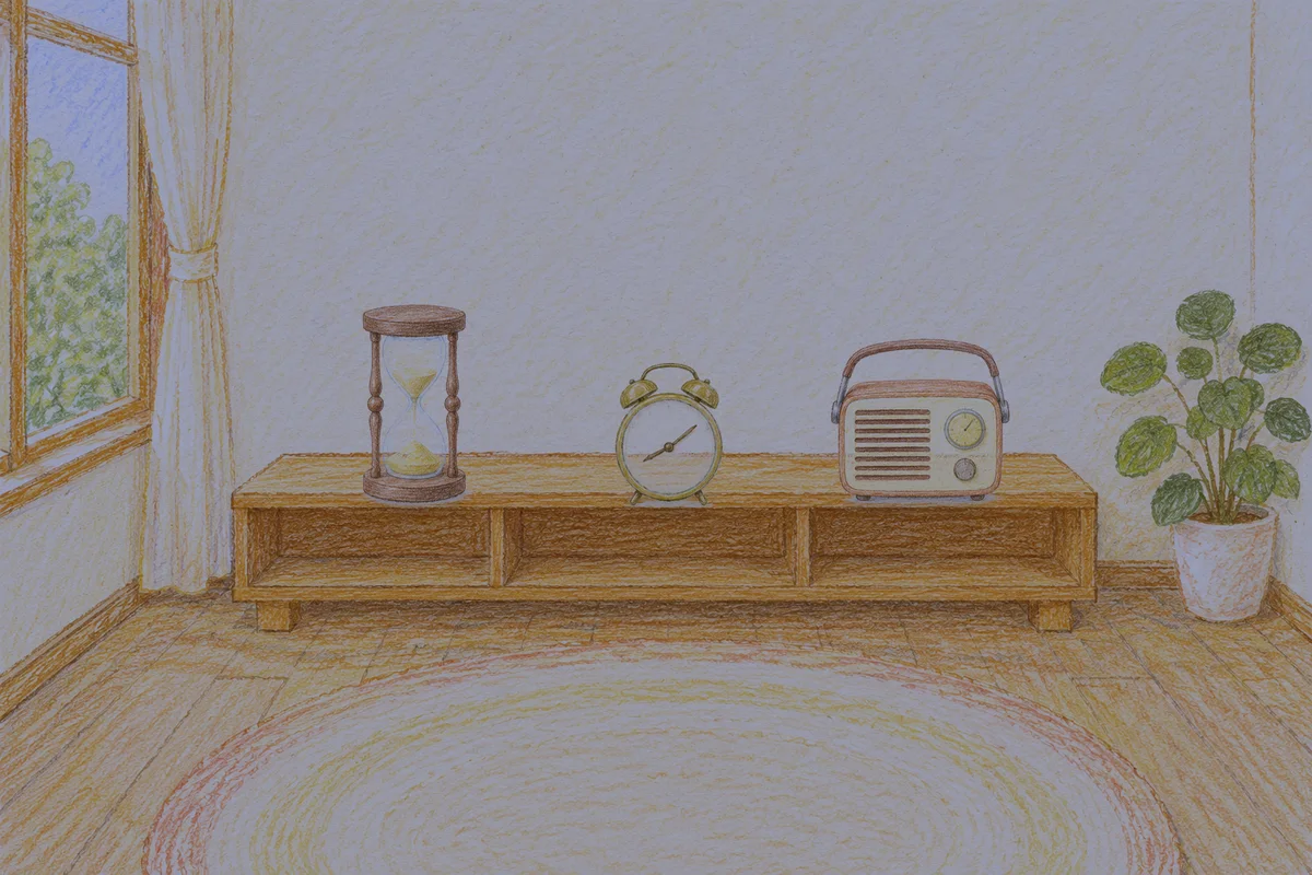 김포 여성전용 1인샵 안내 그림, 밤의 창가 낮은 선반 위에 놓인 모래시계, 둥근 알람시계, 작은 라디오