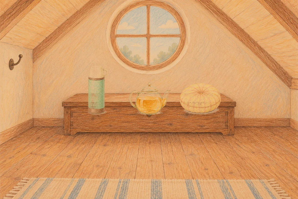 김포 여성전용 홈케어 후기 안내 그림, 저녁의 다락방 나무 궤짝 위에 놓인 보온병, 유리 티포트, 둥근 쿠션