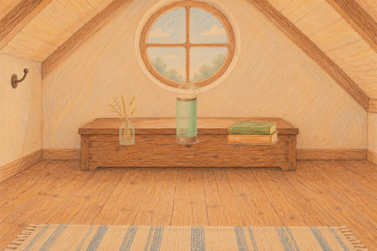 김포 여성전용 홈케어 추천 안내 그림, 저녁의 다락방 나무 궤짝 위에 놓인 마른 풀을 꽂은 항아리, 보온병, 책 두 권