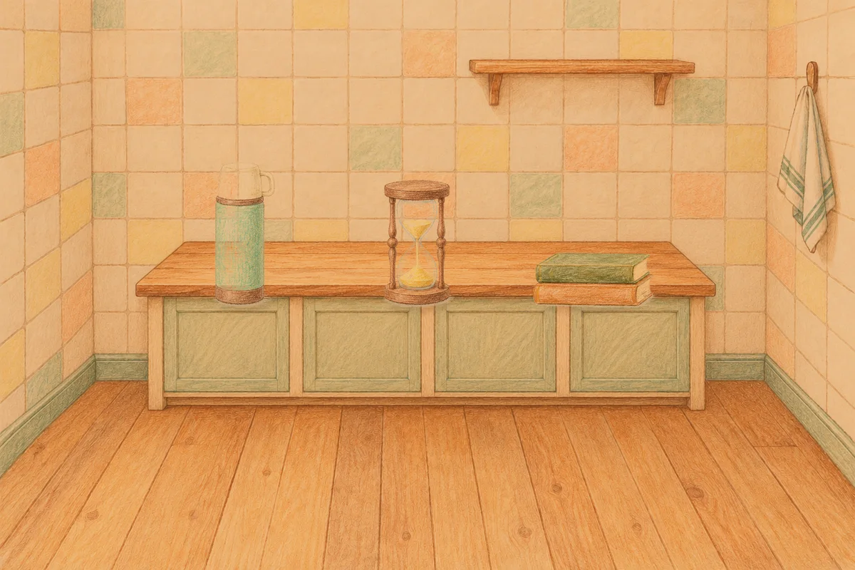 김포 여성전용 발관리 안내 그림, 저녁의 부엌 나무 조리대 위에 놓인 보온병, 모래시계, 책 두 권