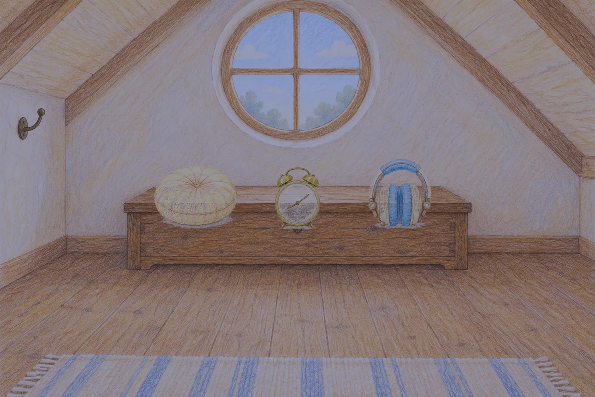 김포 여성전용 발 케어 안내 그림, 밤의 다락방 나무 궤짝 위에 놓인 둥근 쿠션, 둥근 알람시계, 헤드폰