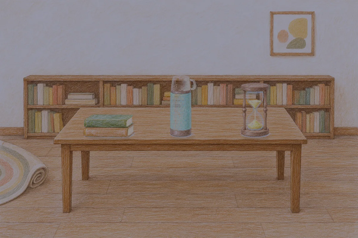 김포 여성전용 발관리 추천 안내 그림, 밤의 서재 긴 책상 위에 놓인 책 두 권, 보온병, 모래시계