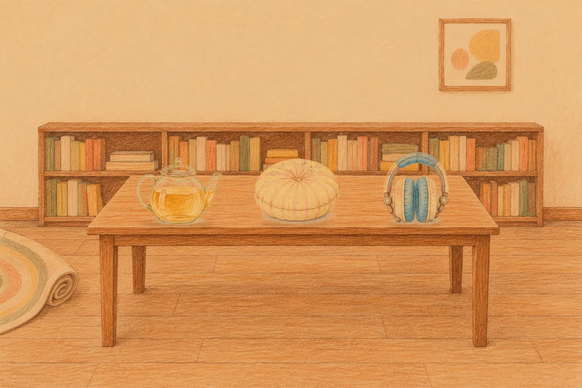 김포 여성전용 슬리밍 마사지 안내 그림, 저녁의 서재 긴 책상 위에 놓인 유리 티포트, 둥근 쿠션, 헤드폰