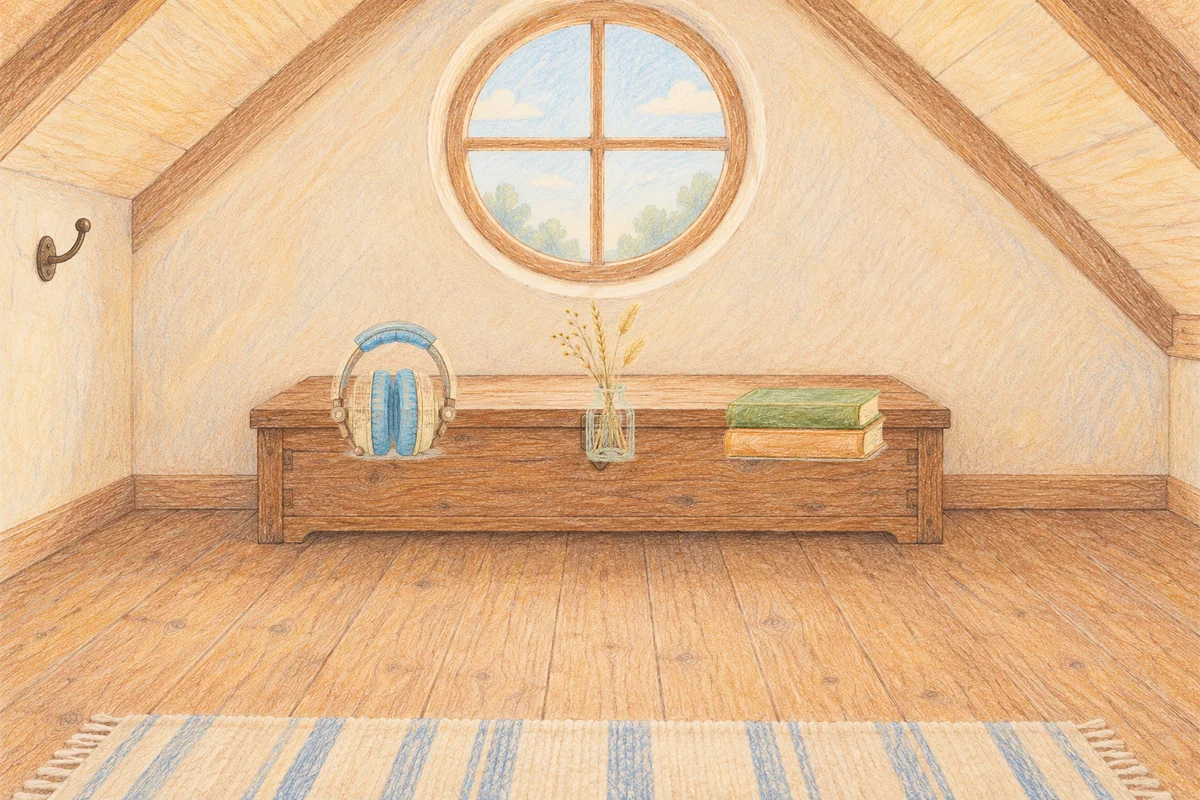 김포 여성전용 다이어트 마사지 안내 그림, 낮의 다락방 나무 궤짝 위에 놓인 헤드폰, 마른 풀을 꽂은 항아리, 책 두 권