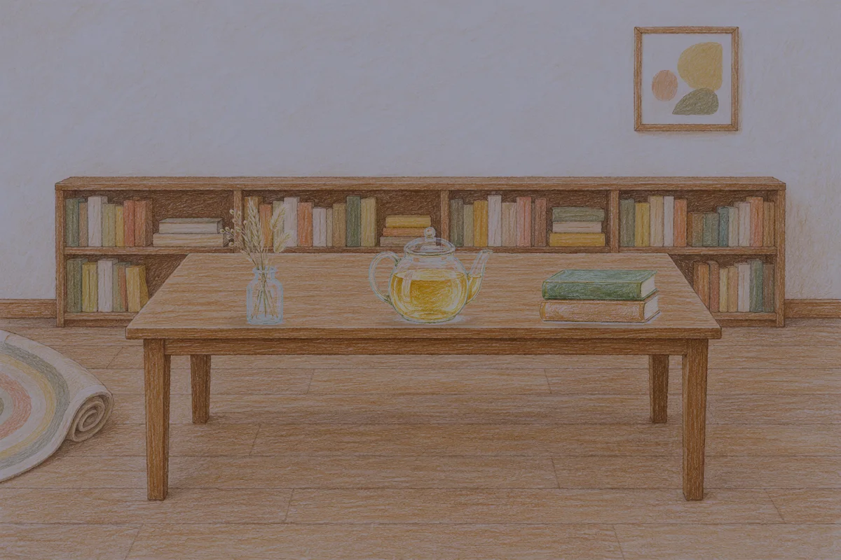 김포 여성전용 종아리 케어 안내 그림, 밤의 서재 긴 책상 위에 놓인 마른 풀을 꽂은 항아리, 유리 티포트, 책 두 권