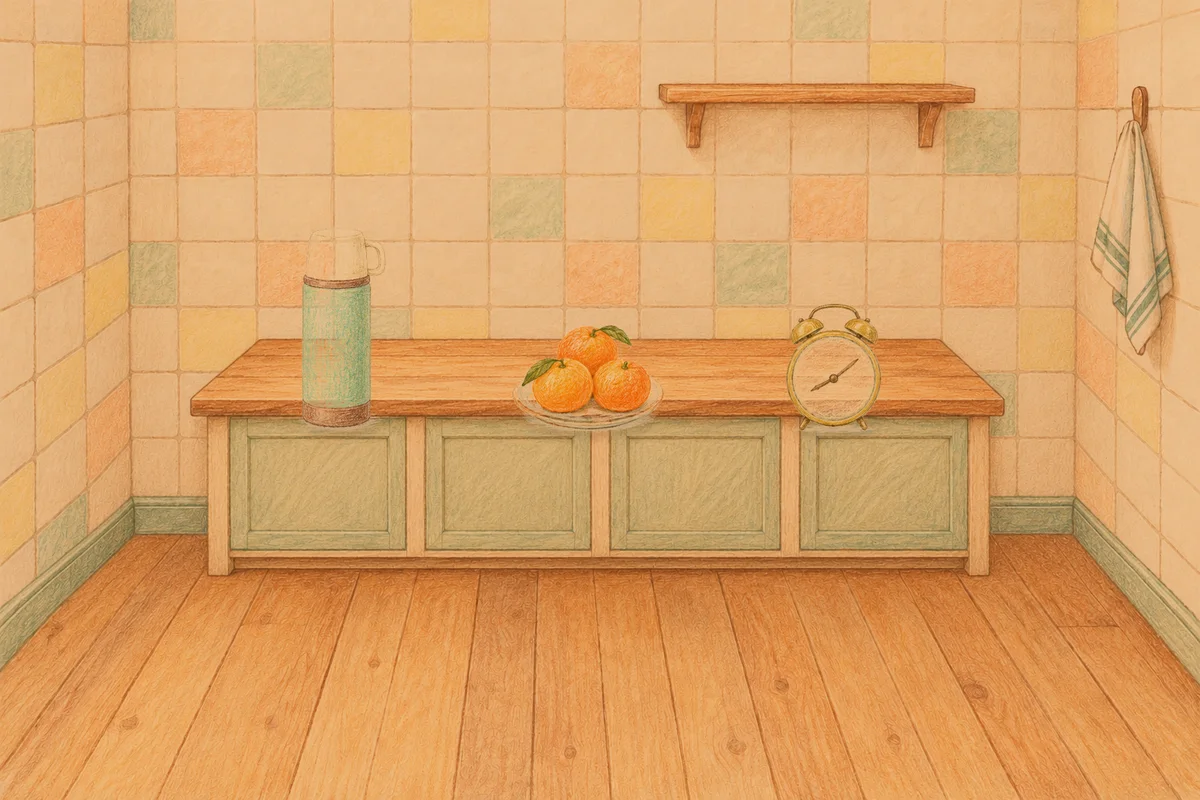 김포 여성전용 두피 케어 안내 그림, 저녁의 부엌 나무 조리대 위에 놓인 보온병, 귤이 담긴 접시, 둥근 알람시계