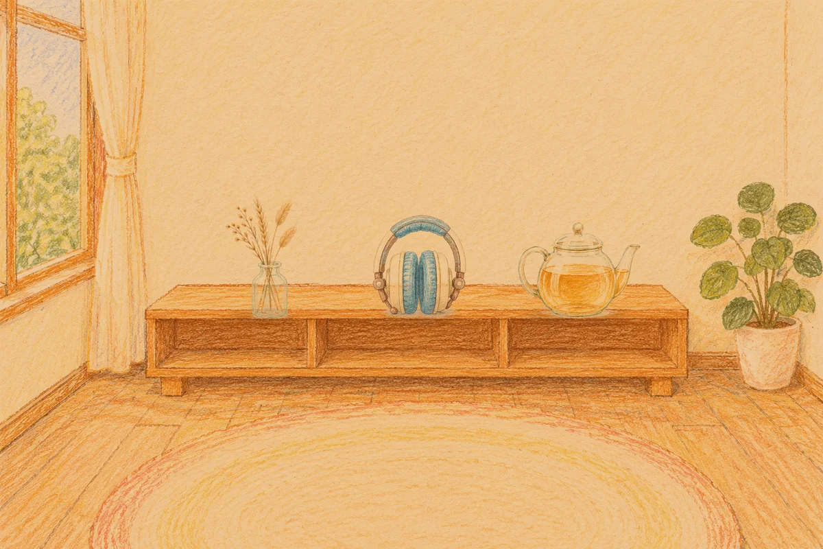 김포 여성전용 어깨 마사지 안내 그림, 저녁의 창가 낮은 선반 위에 놓인 마른 풀을 꽂은 항아리, 헤드폰, 유리 티포트
