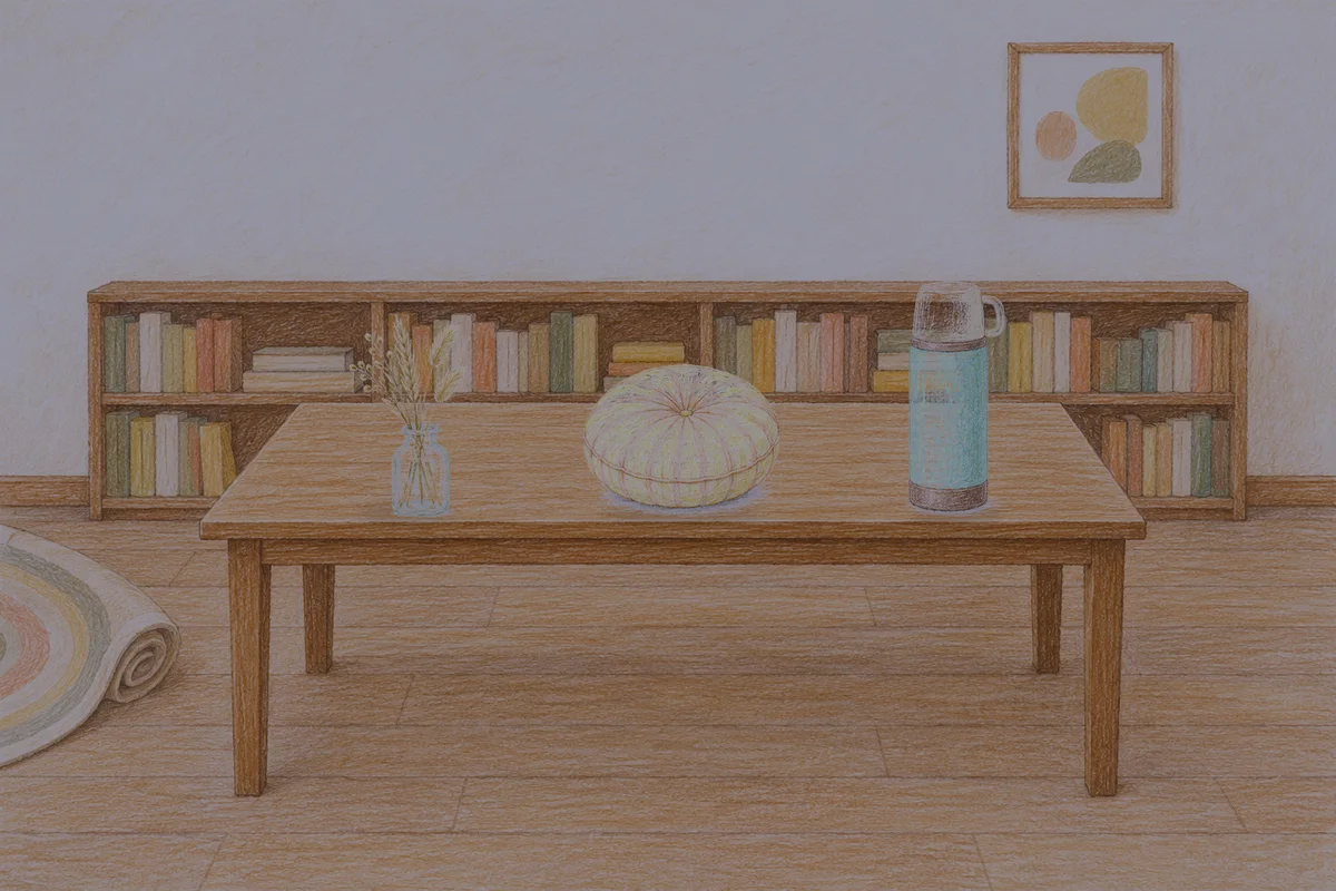 김포 여성전용 피로 회복 마사지 안내 그림, 밤의 서재 긴 책상 위에 놓인 마른 풀을 꽂은 항아리, 둥근 쿠션, 보온병
