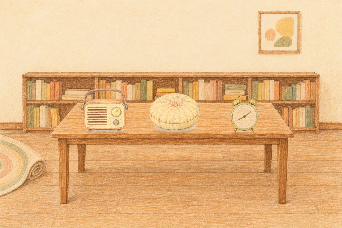 김포 여성전용 얼굴 마사지 안내 그림, 낮의 서재 긴 책상 위에 놓인 작은 라디오, 둥근 쿠션, 둥근 알람시계