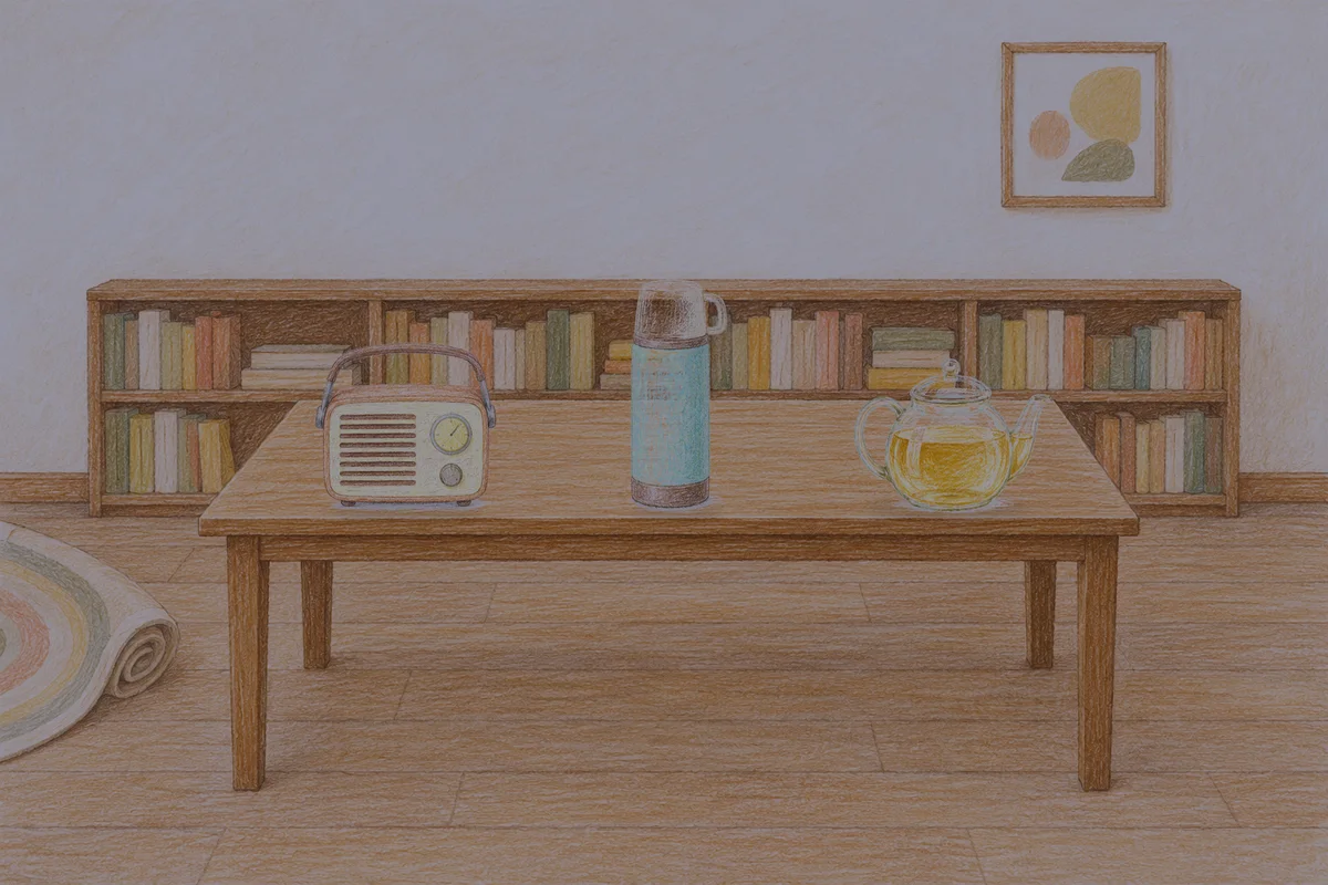 김포 여성전용 림프 페이셜 안내 그림, 밤의 서재 긴 책상 위에 놓인 작은 라디오, 보온병, 유리 티포트