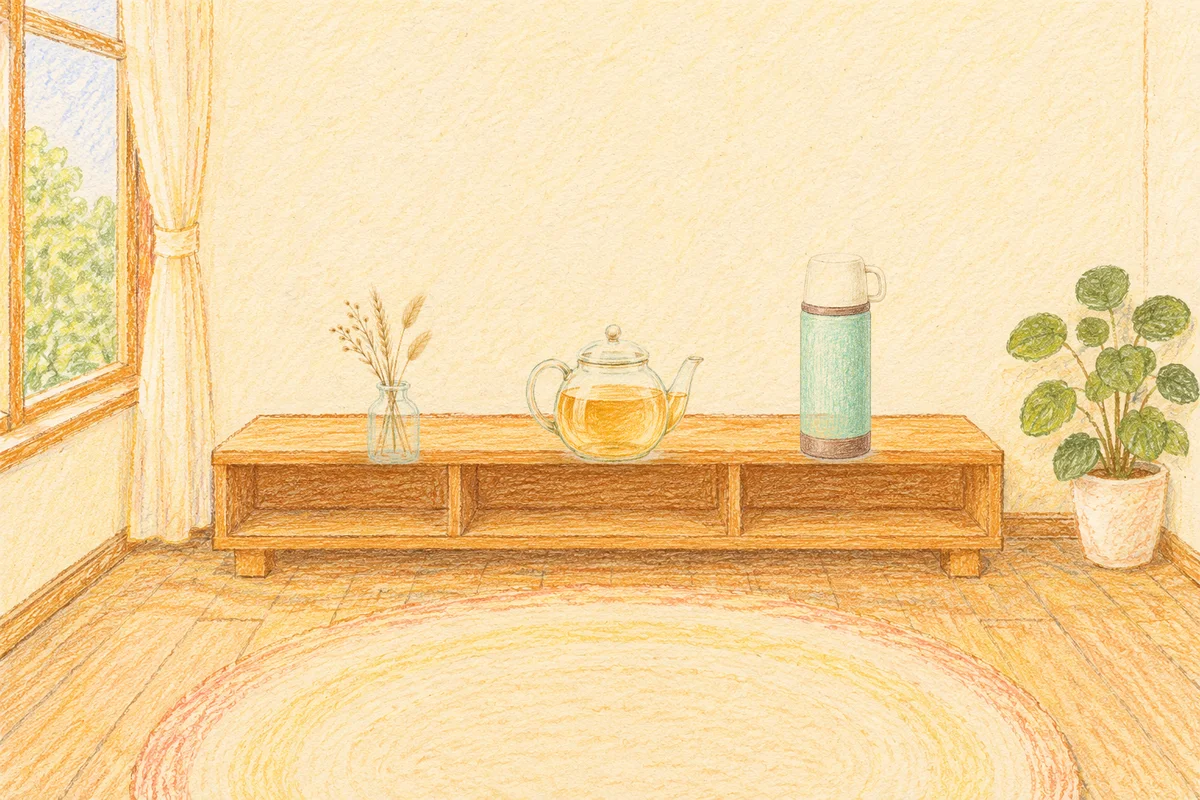 김포 여성전용 샵 마사지 안내 그림, 낮의 창가 낮은 선반 위에 놓인 마른 풀을 꽂은 항아리, 유리 티포트, 보온병