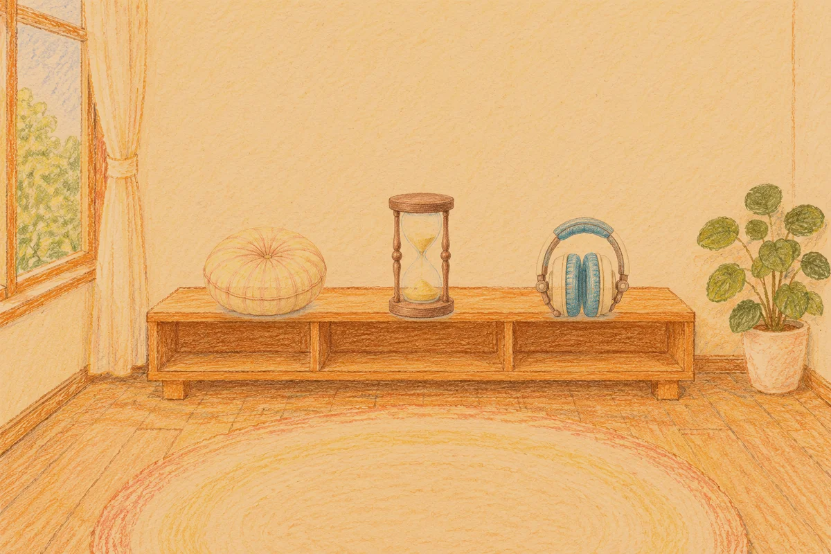 김포 여성전용 예약 마사지 안내 그림, 저녁의 창가 낮은 선반 위에 놓인 둥근 쿠션, 모래시계, 헤드폰