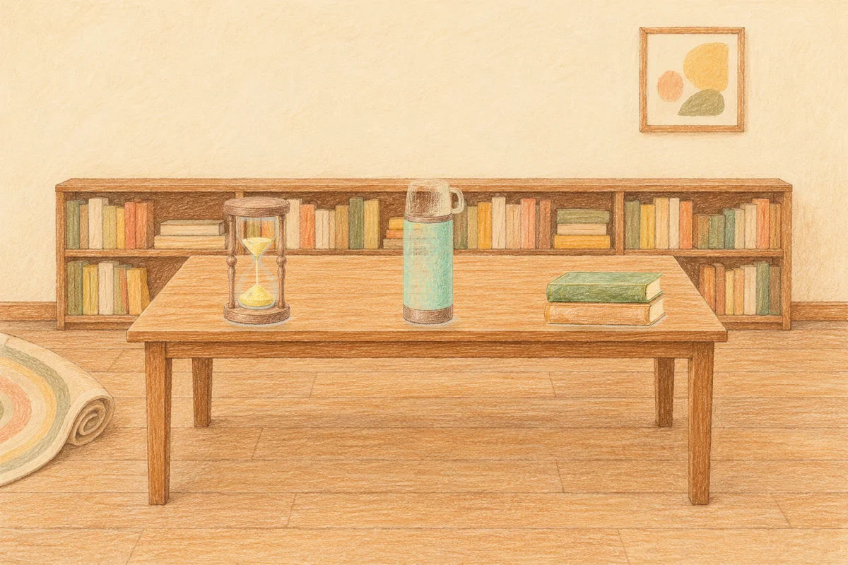 김포 여성전용 추천 마사지 안내 그림, 낮의 서재 긴 책상 위에 놓인 모래시계, 보온병, 책 두 권