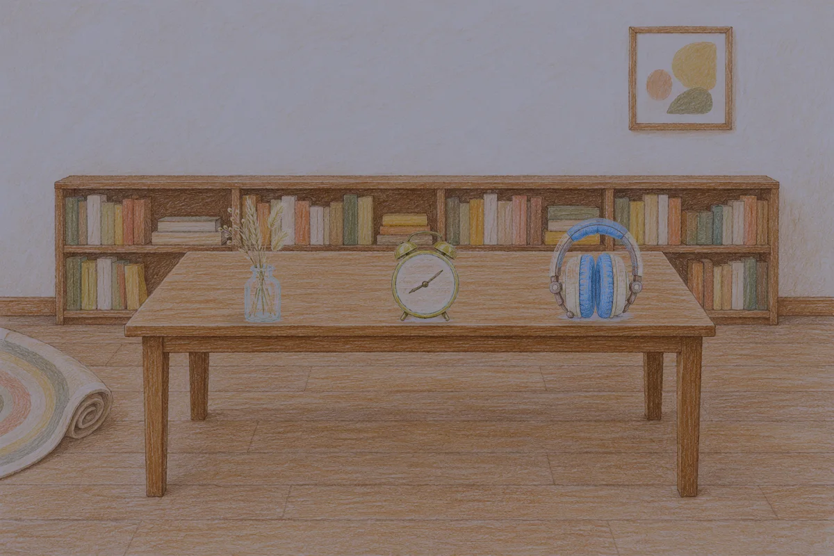 김포 여성전용 출장 마사지 후기 안내 그림, 밤의 서재 긴 책상 위에 놓인 마른 풀을 꽂은 항아리, 둥근 알람시계, 헤드폰