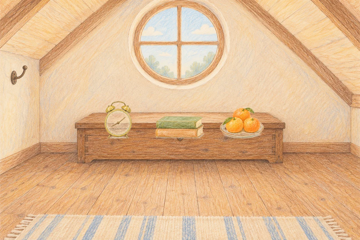 의정부 여성전용 스웨디시 홈케어 안내 그림, 낮의 다락방 나무 궤짝 위에 놓인 둥근 알람시계, 책 두 권, 귤이 담긴 접시