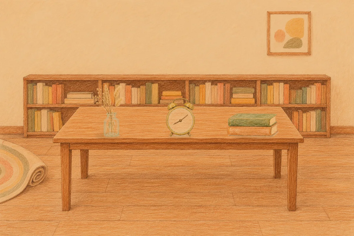 의정부 여성전용 경락마사지 안내 그림, 저녁의 서재 긴 책상 위에 놓인 마른 풀을 꽂은 항아리, 둥근 알람시계, 책 두 권