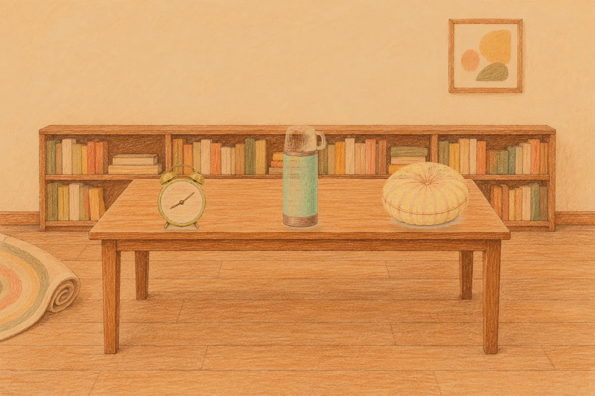 의정부 여성전용 바디 경락 안내 그림, 저녁의 서재 긴 책상 위에 놓인 둥근 알람시계, 보온병, 둥근 쿠션