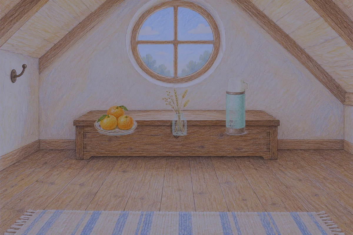 의정부 여성전용 경락마사지 후기 안내 그림, 밤의 다락방 나무 궤짝 위에 놓인 귤이 담긴 접시, 마른 풀을 꽂은 항아리, 보온병