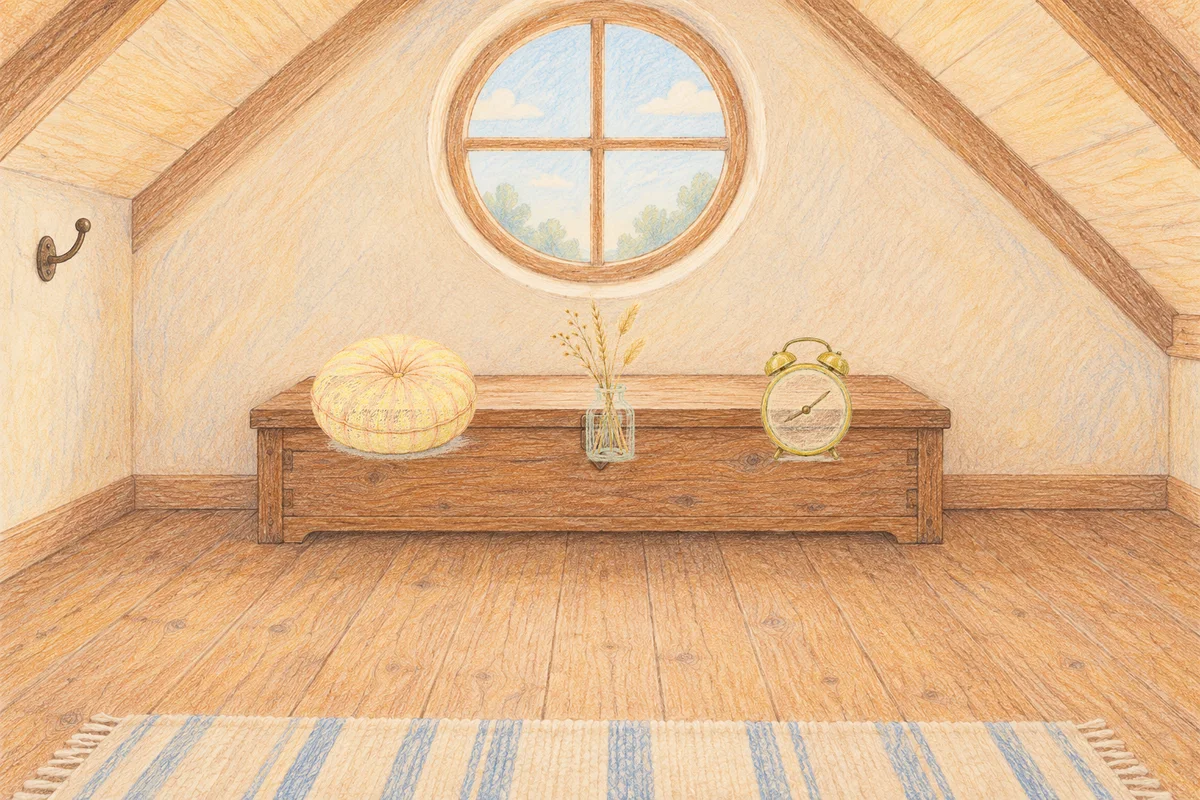 의정부 여성전용 프라이빗 케어 안내 그림, 낮의 다락방 나무 궤짝 위에 놓인 둥근 쿠션, 마른 풀을 꽂은 항아리, 둥근 알람시계
