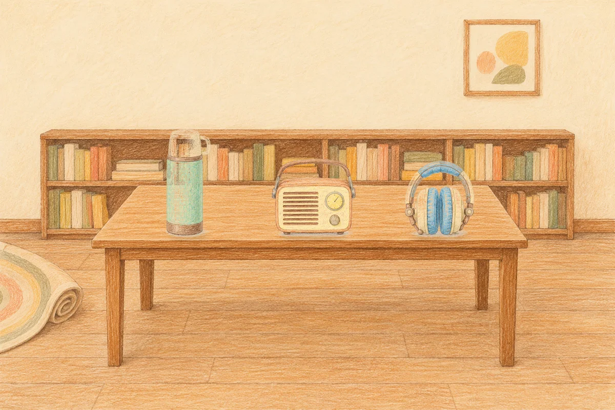 의정부 여성전용 홈케어 후기 안내 그림, 낮의 서재 긴 책상 위에 놓인 보온병, 작은 라디오, 헤드폰