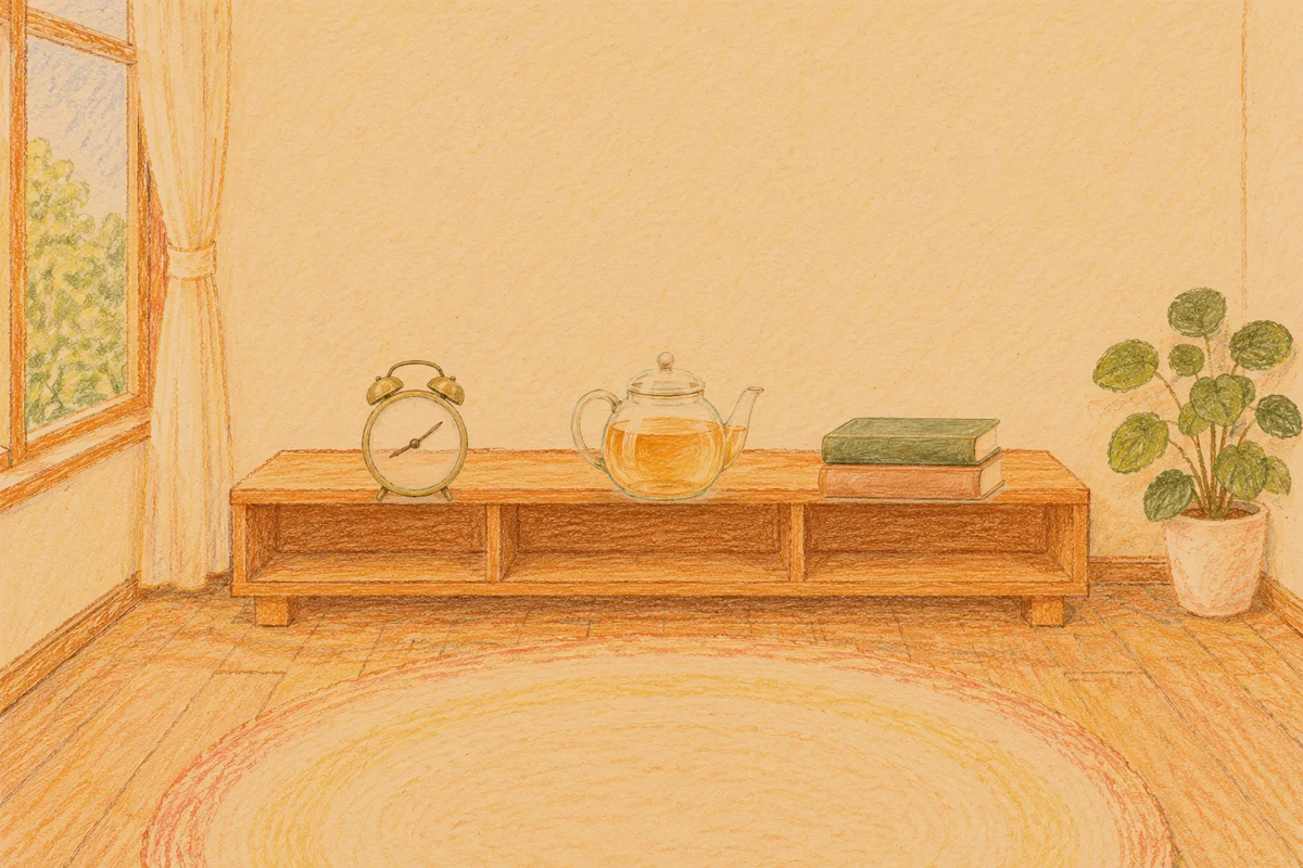 의정부 여성전용 발 케어 안내 그림, 저녁의 창가 낮은 선반 위에 놓인 둥근 알람시계, 유리 티포트, 책 두 권