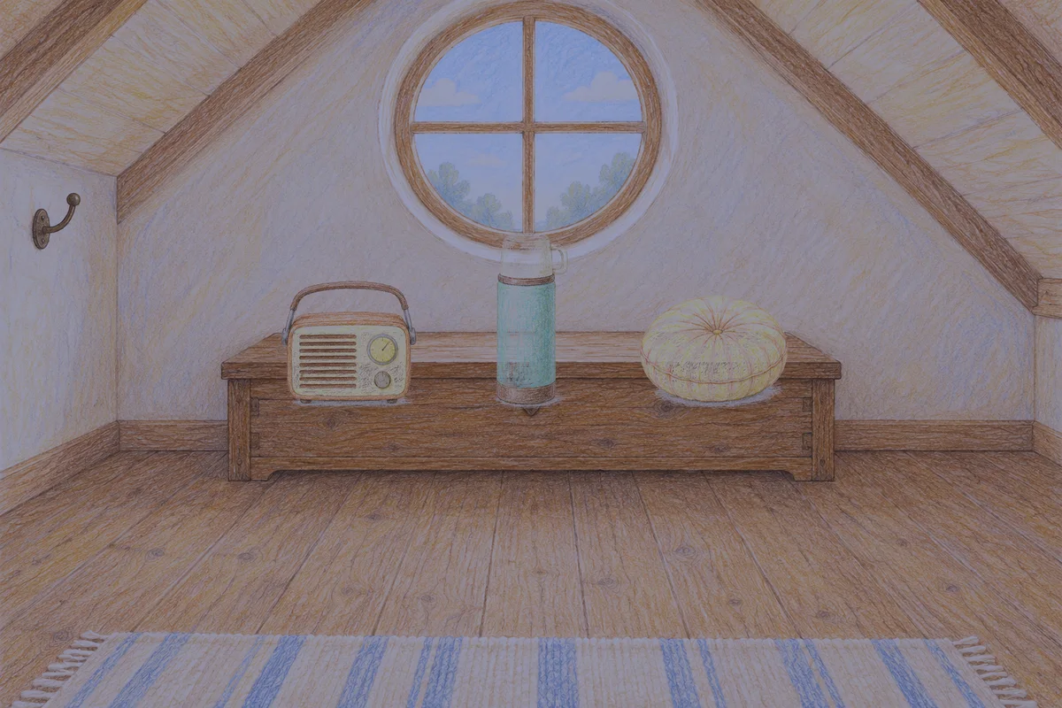 의정부 여성전용 발 부종 케어 안내 그림, 밤의 다락방 나무 궤짝 위에 놓인 작은 라디오, 보온병, 둥근 쿠션