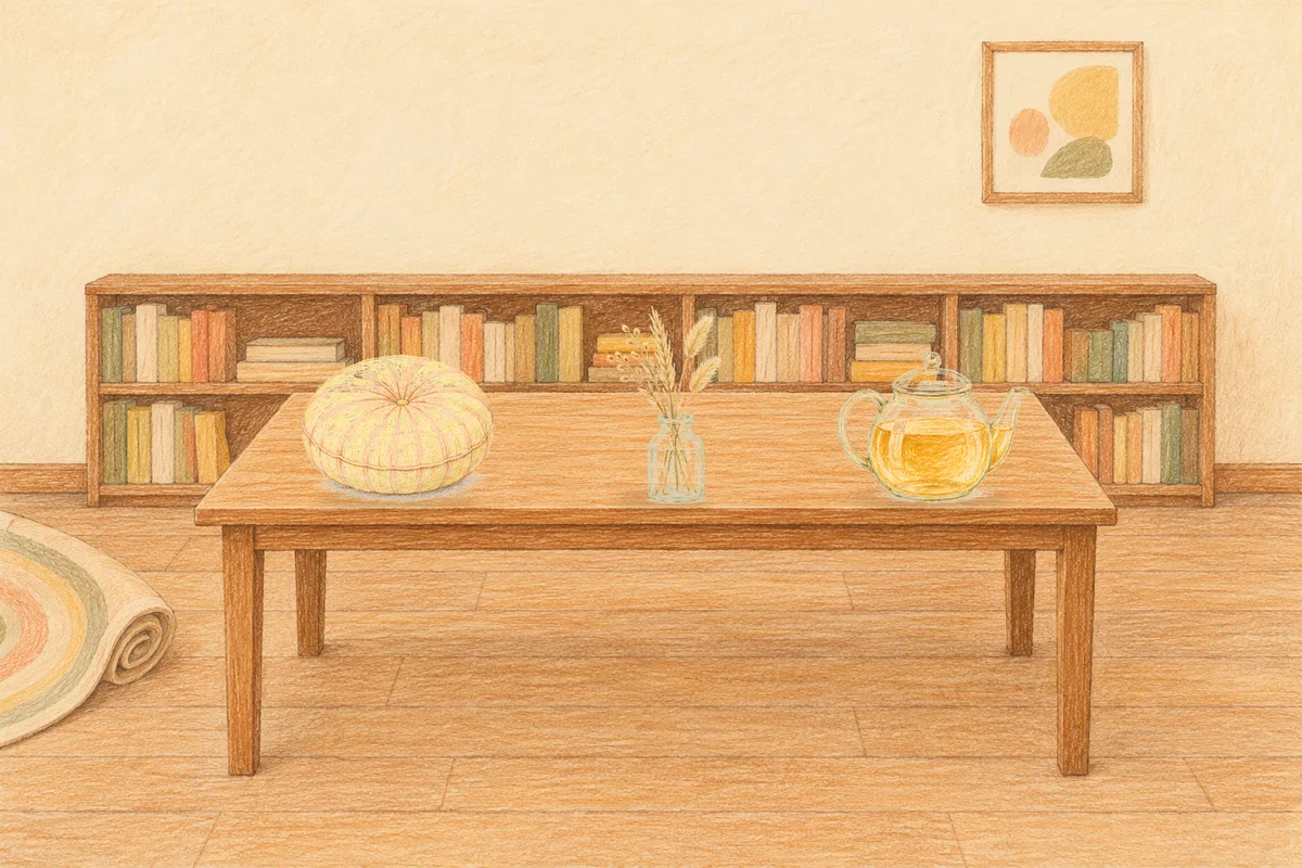 의정부 여성전용 발관리 추천 안내 그림, 낮의 서재 긴 책상 위에 놓인 둥근 쿠션, 마른 풀을 꽂은 항아리, 유리 티포트