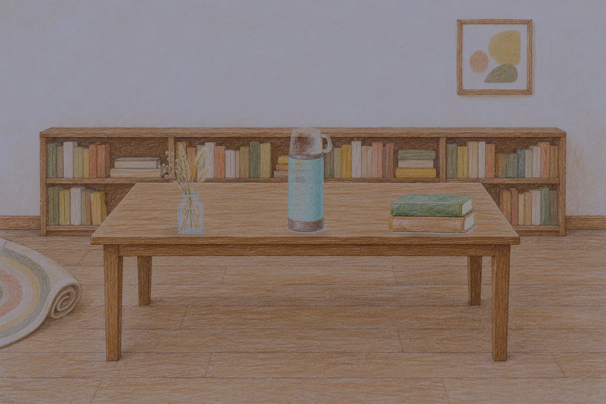 의정부 여성전용 림프 마사지 안내 그림, 밤의 서재 긴 책상 위에 놓인 마른 풀을 꽂은 항아리, 보온병, 책 두 권