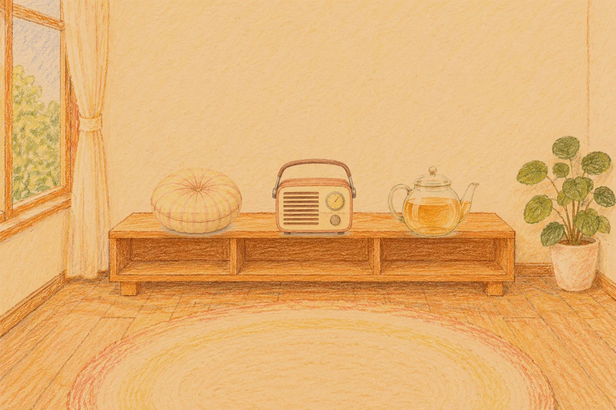 의정부 여성전용 부종 케어 안내 그림, 저녁의 창가 낮은 선반 위에 놓인 둥근 쿠션, 작은 라디오, 유리 티포트