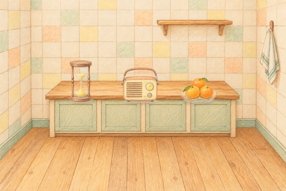 의정부 여성전용 다이어트 마사지 안내 그림, 낮의 부엌 나무 조리대 위에 놓인 모래시계, 작은 라디오, 귤이 담긴 접시