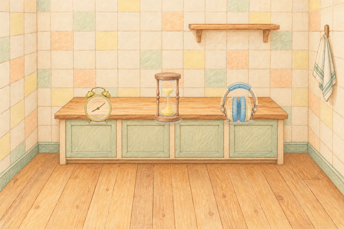 의정부 여성전용 등 마사지 안내 그림, 낮의 부엌 나무 조리대 위에 놓인 둥근 알람시계, 모래시계, 헤드폰