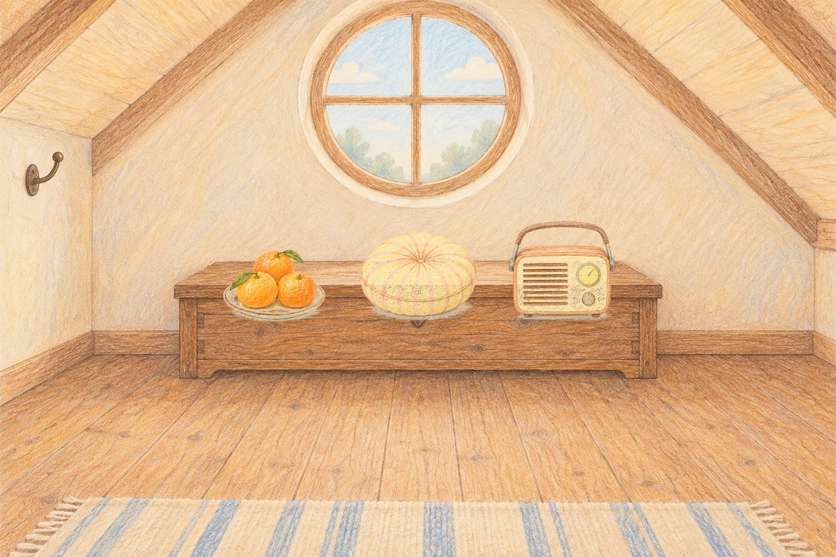 의정부 여성전용 브라이덜 케어 안내 그림, 낮의 다락방 나무 궤짝 위에 놓인 귤이 담긴 접시, 둥근 쿠션, 작은 라디오