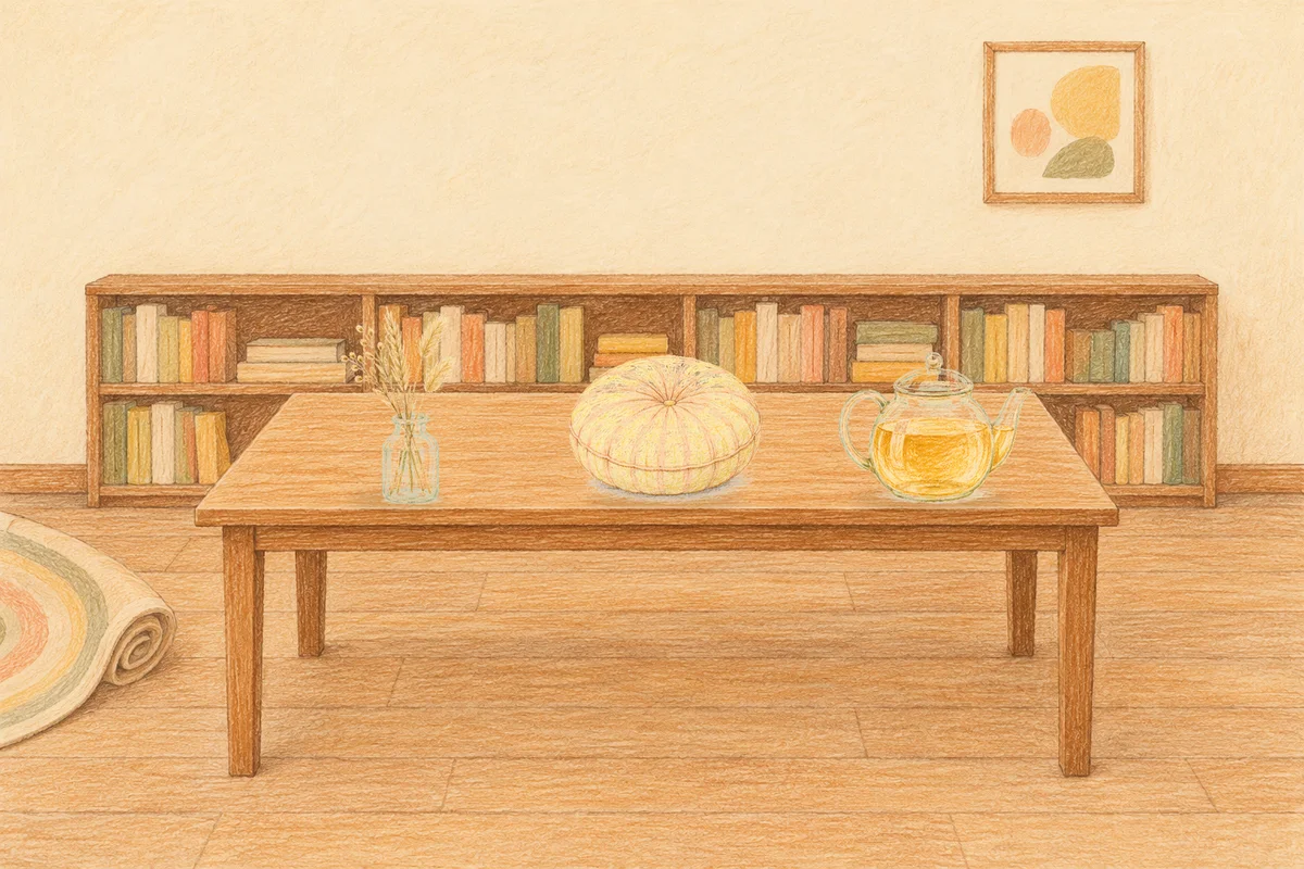 의정부 여성전용 피부 관리 안내 그림, 낮의 서재 긴 책상 위에 놓인 마른 풀을 꽂은 항아리, 둥근 쿠션, 유리 티포트