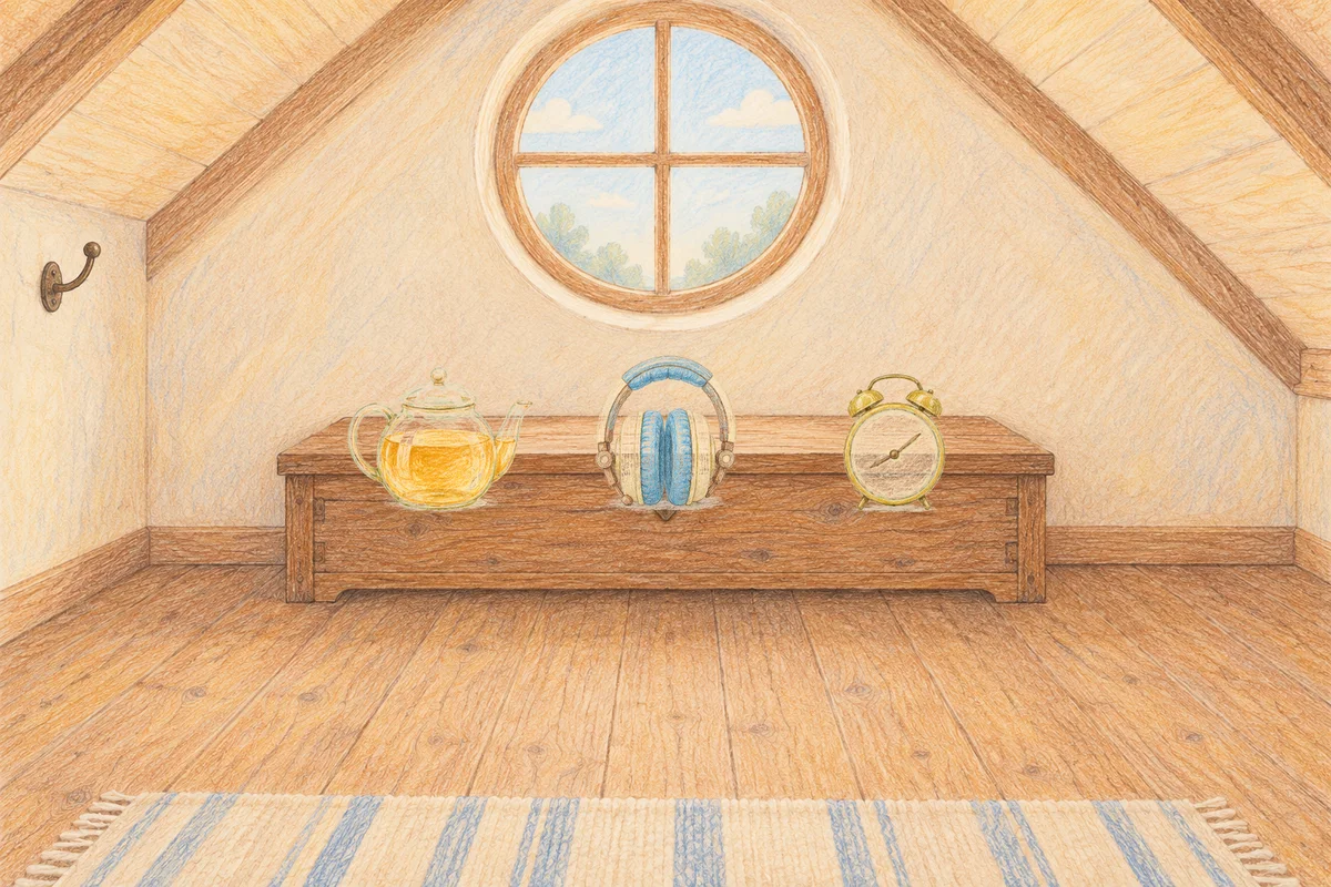 의정부 여성전용 샵 마사지 안내 그림, 낮의 다락방 나무 궤짝 위에 놓인 유리 티포트, 헤드폰, 둥근 알람시계