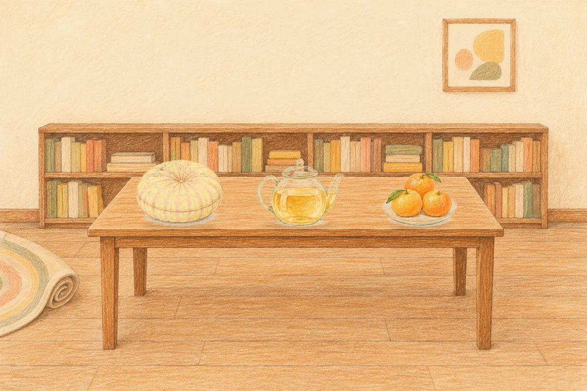 의정부 여성전용 예약 마사지 안내 그림, 낮의 서재 긴 책상 위에 놓인 둥근 쿠션, 유리 티포트, 귤이 담긴 접시