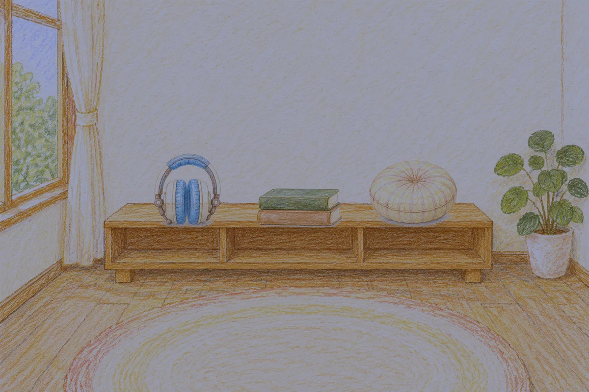 의정부 여성전용 추천 마사지 안내 그림, 밤의 창가 낮은 선반 위에 놓인 헤드폰, 책 두 권, 둥근 쿠션