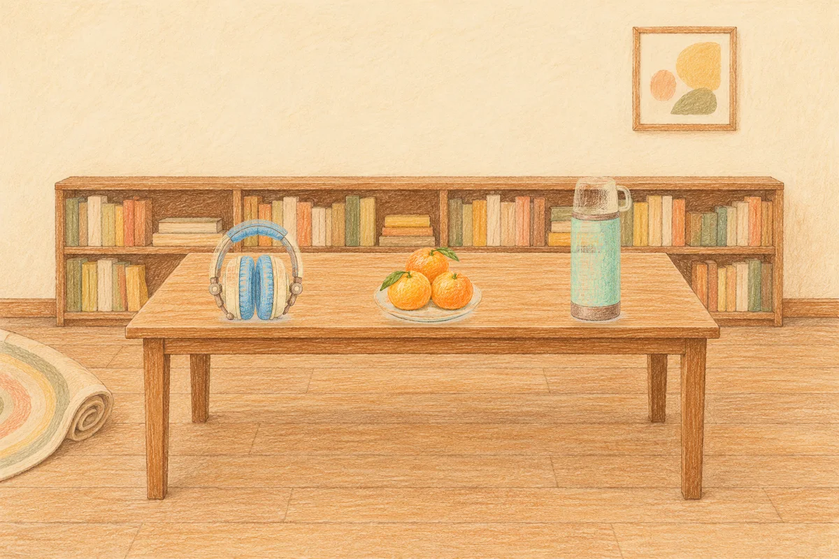 의정부 여성전용 출장 마사지 안내 그림, 낮의 서재 긴 책상 위에 놓인 헤드폰, 귤이 담긴 접시, 보온병