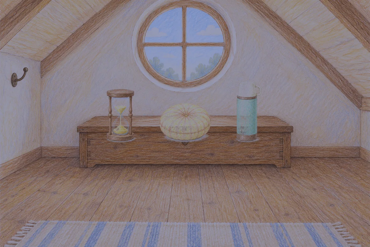 의정부 여성전용 출장 마사지 후기 안내 그림, 밤의 다락방 나무 궤짝 위에 놓인 모래시계, 둥근 쿠션, 보온병